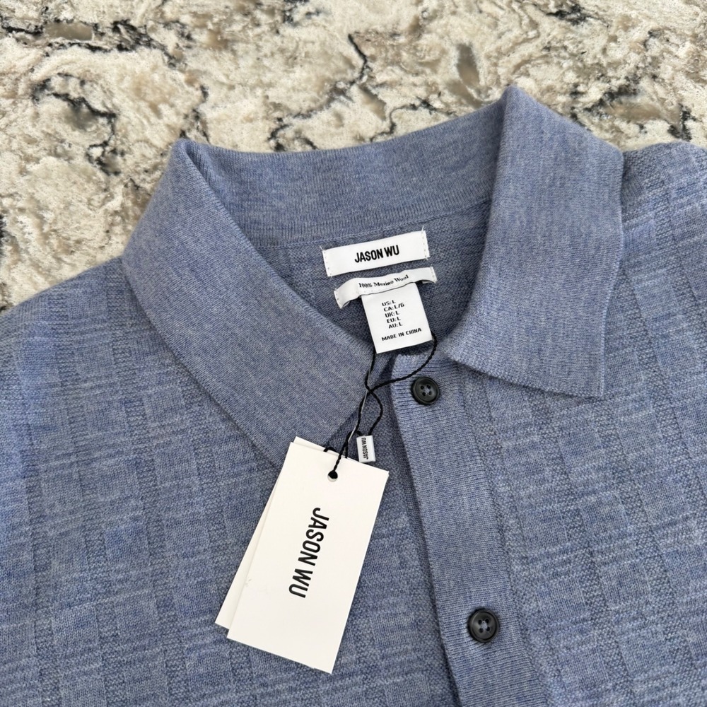 Jason Wu Men's Knit Button Down Shirt Short Sleeve 100% Merino Wool Blue L NWT - Picture 2 of 13